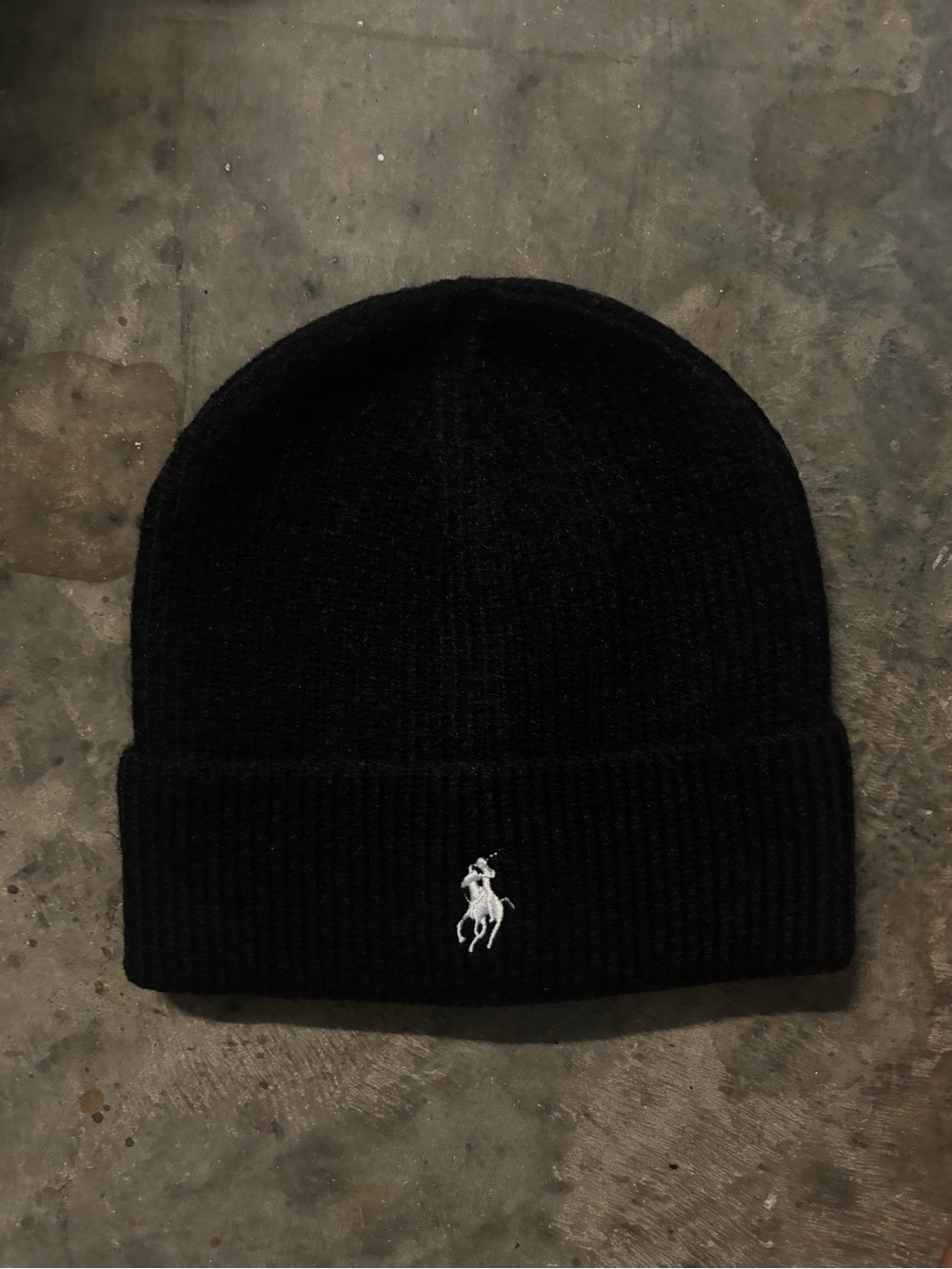 Polo by Ralph Lauren Black Rib Knit Cuffed Beanie with White Pony